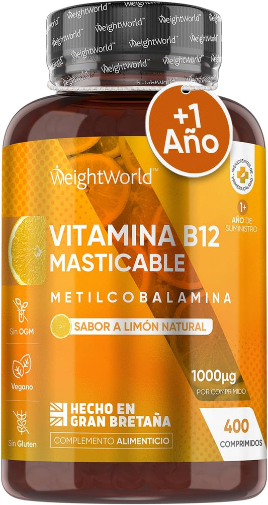 Frasco de Vitamina B12 Masticável 1000mcg com 400 comprimidos veganos e sabor a limão natural, ideal para metabolismo