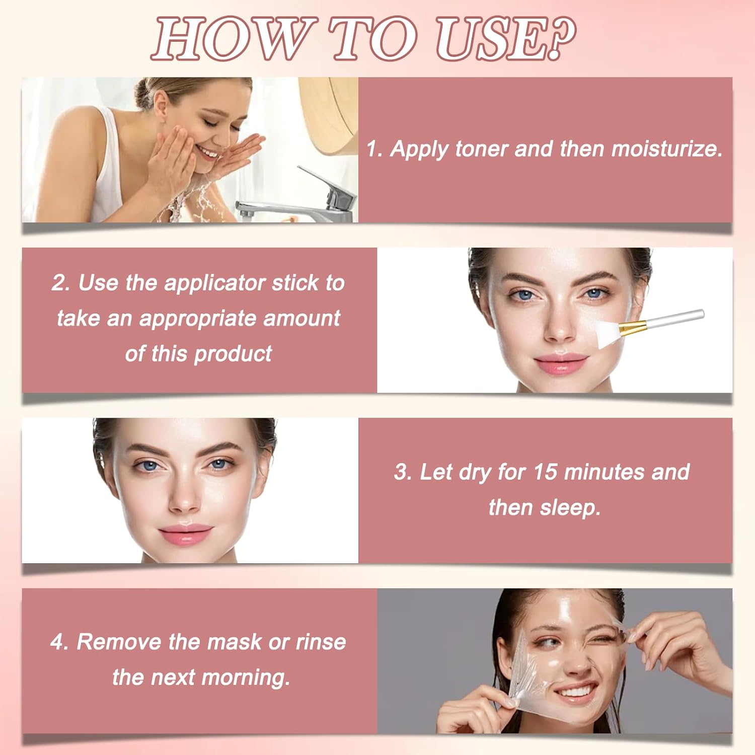 Instruções de uso para máscara facial coreana noturna em gel de bio-colagénio, 75ml, resultando em pele hidratada e rejuvenescida.