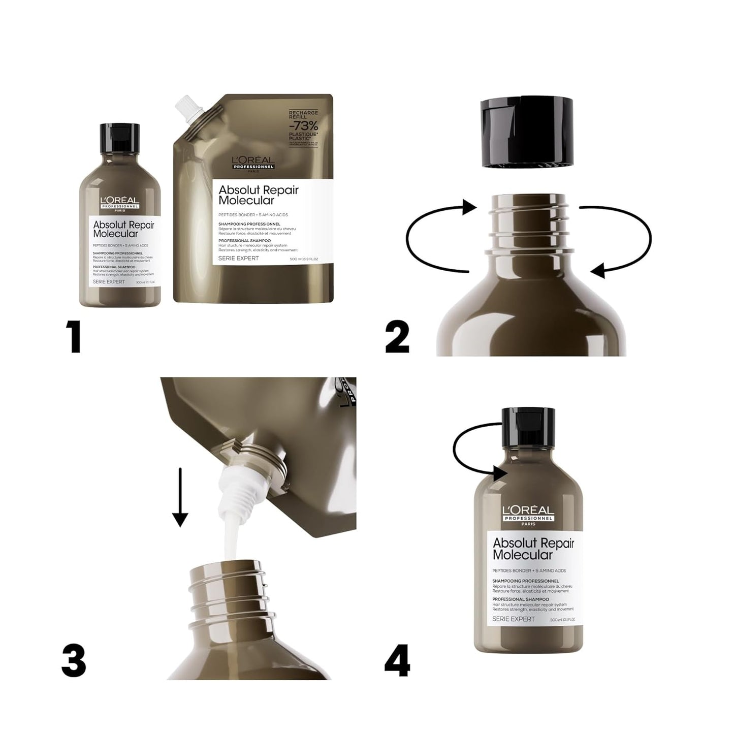 L'Oréal Professionnel, Shampoo Profissional Sem Sulfato, Nutre Profundamente, Repara Danos e Fortalece os Cabelos, para Cabelos Secos e Danificados, Fórmula Patenteada, Absolut Molecular Repair, Refil 500ml