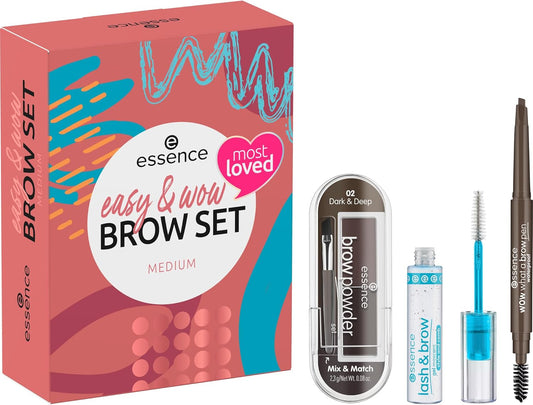 Conjunto Easy & WOW Brow Set Medi da essence Cosmetics com produtos de sobrancelha veganos, disponível online na loja essence brow set online