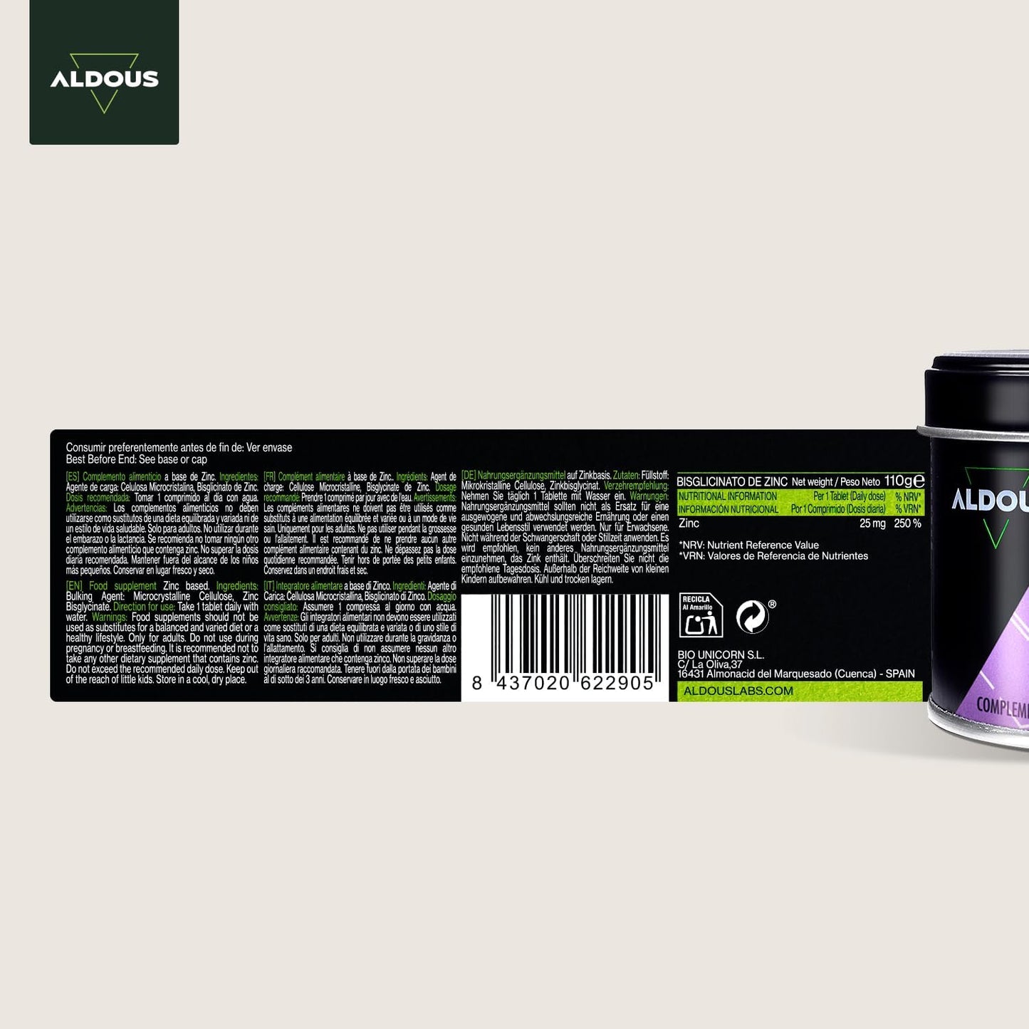 Comprimidos de Zinco Bisglicinato 25mg Aldous Bio