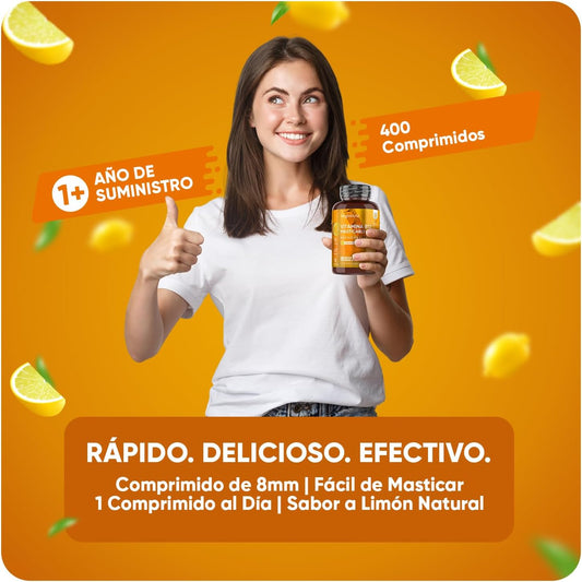 Vitamina B12 mastigavel para metabolismo em frasco com 400 comprimidos veganos, sabor natural a limão, fácil de usar.