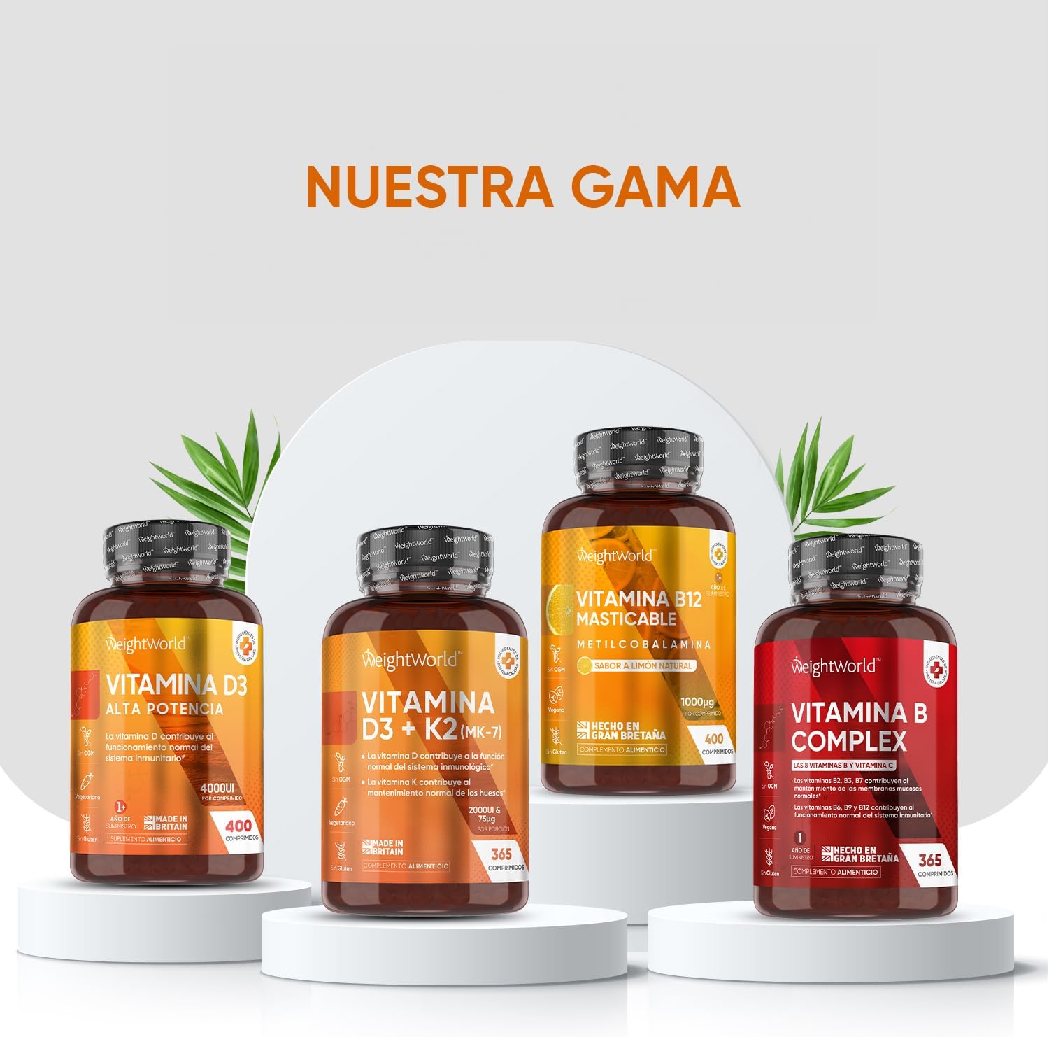 Eclética coleção de vitaminas, incluindo vitamina B12 mastigável para metabolismo, apresentada em frascos atraentes.