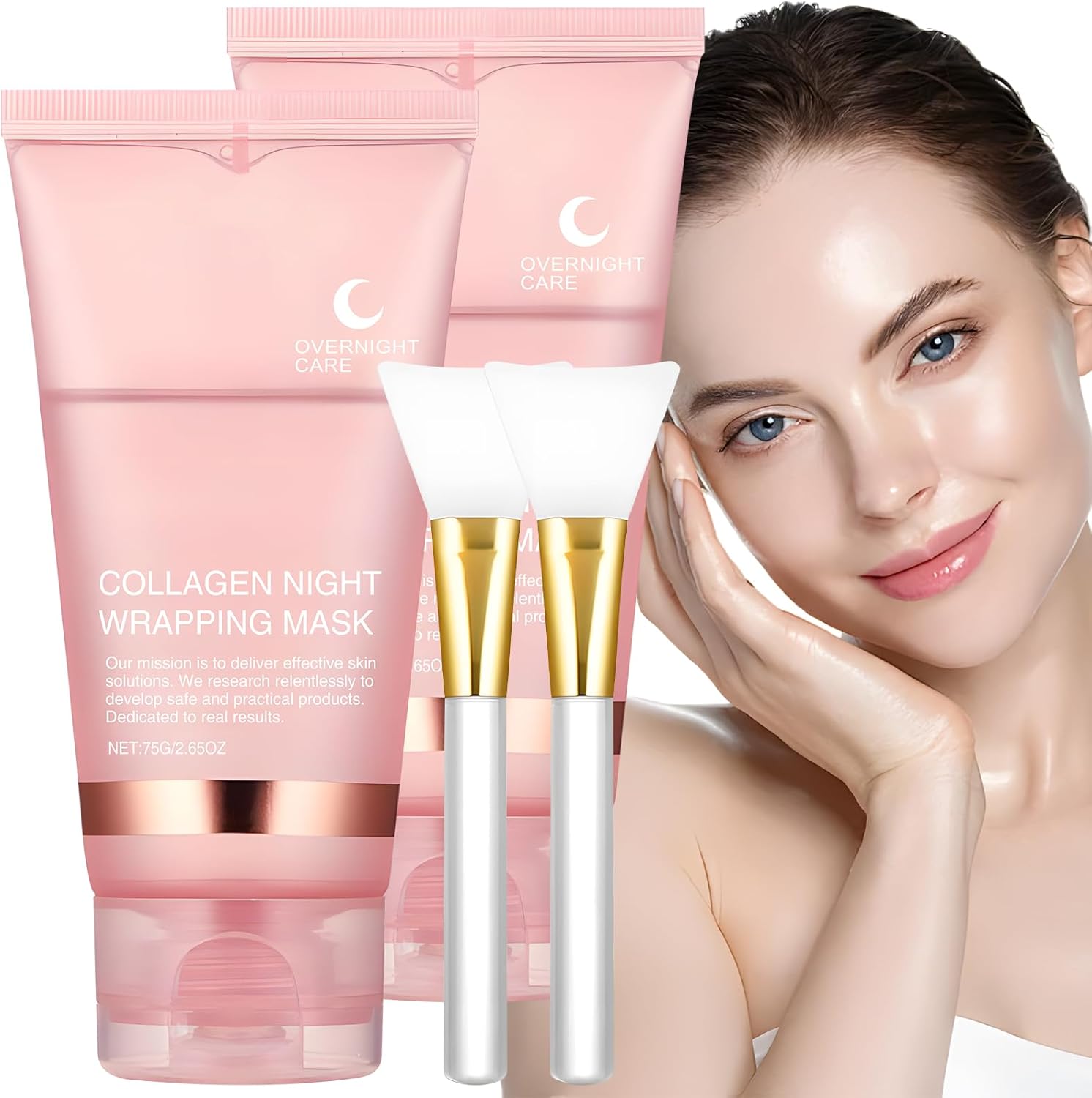 Máscara facial coreana noturna em gel de bio-colágeno de 75ml com embalagem rosa e pincéis de aplicação, promovendo a hidratação da pele