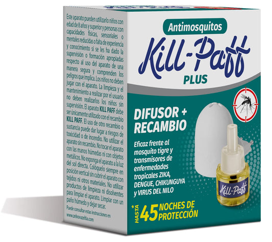KILL-PAFF KIDS | Inseticida elétrico | Repelente de mosquitos | Eficaz contra mosquitos-tigre e transmissores de doenças tropicais | Sem cheiro | 45 noites de proteção | Conteúdo: 1 Diferencial + 1 Repelente