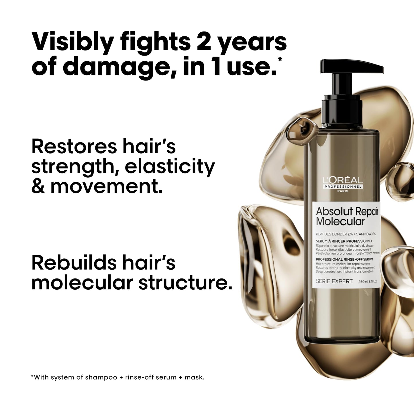 L’Oréal Professionnel, Tratamento Molecular Instantâneo, Sérum com Enxágue para Cabelos Secos e Danificados, Sem Sulfato, Repara Danos e Fortalece os Cabelos, Fórmula Patenteada, Absolut Repair Molecular, 250ml