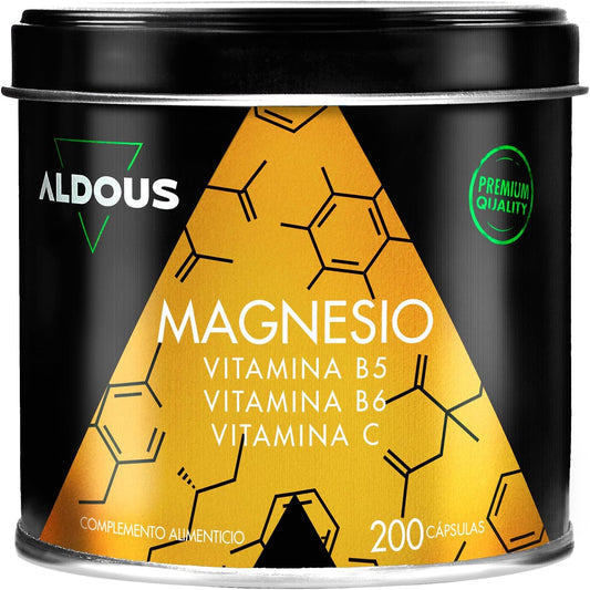 Frasco de cápsulas de magnésio com vitamina C, B5 e B6, contendo 200 cápsulas para redução de cansaço e suporte a articulações, fabricado na Espanha.