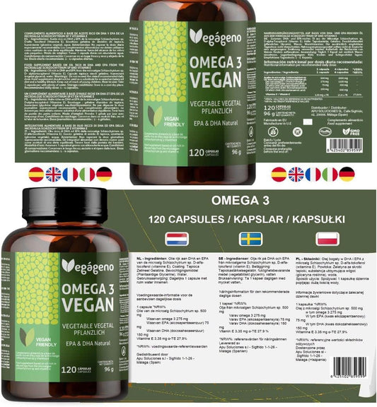 VEGAGENO OMEGA 3 Vegano - 2000 mg de óleo de algas de origem vegetal
