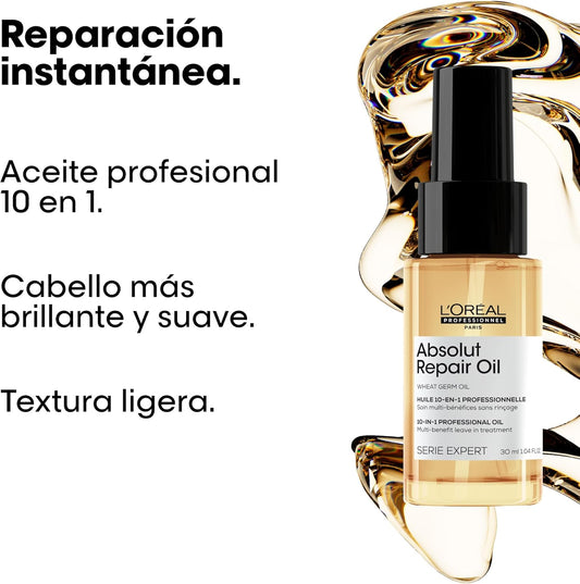 L'Oréal Professionnel óleo nutritivo Leave-In para cabelos secos e danificados, para reestruturação imediata, Absolut Repair 10 em 1, 30 ml