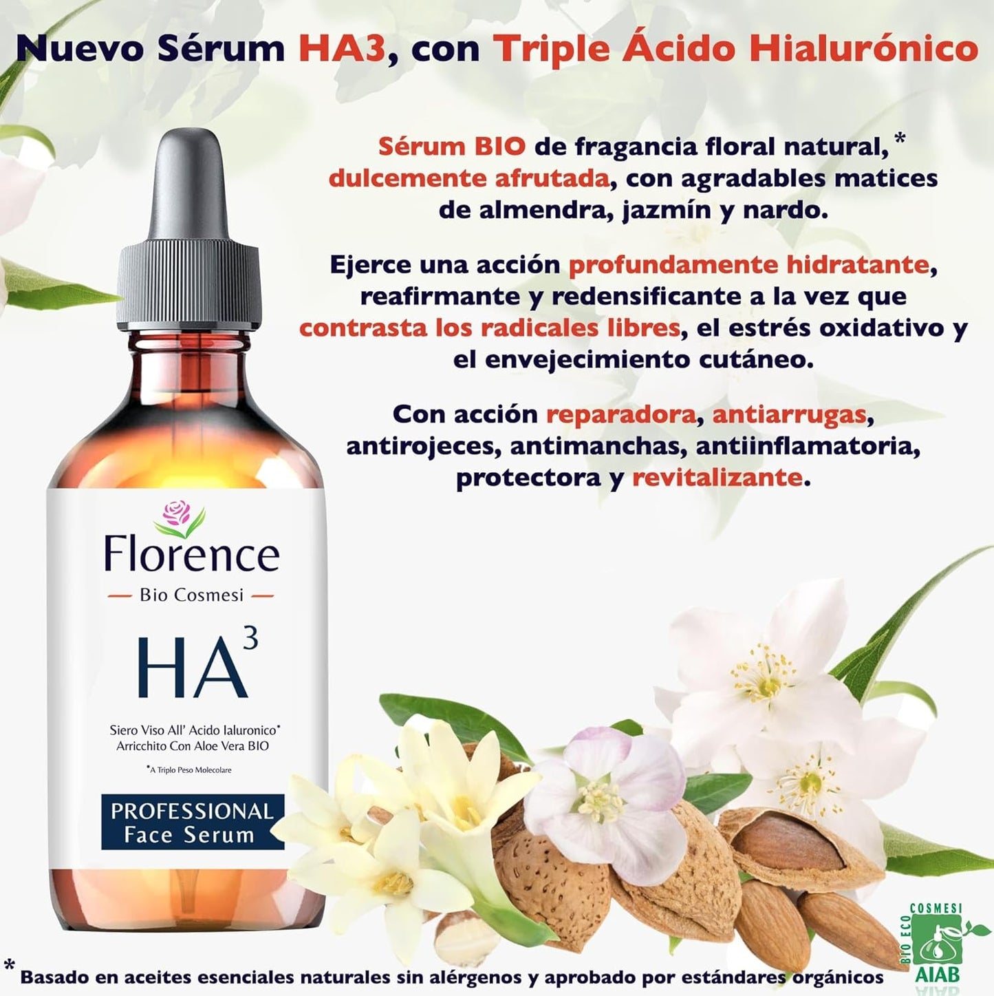 Bio Serum Facial com Ácido Hialuronico Puro Triplo Florence