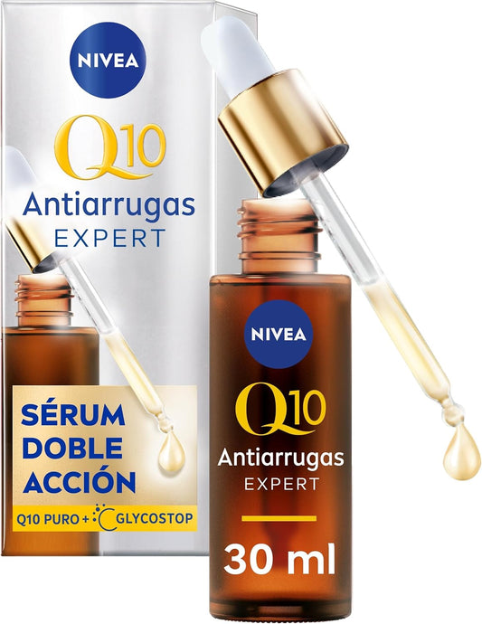 Sérum antirrugas Nivea Q10 em frasco de 30 ml com conta-gotas, destacado pela tecnologia antiglicação