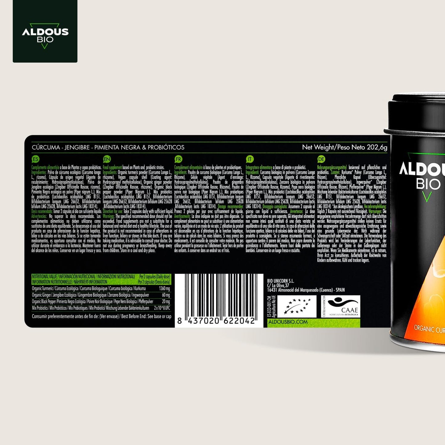 Suplemento Natural Curcuma Jengibre Aldous Labs - 250 Cápsulas