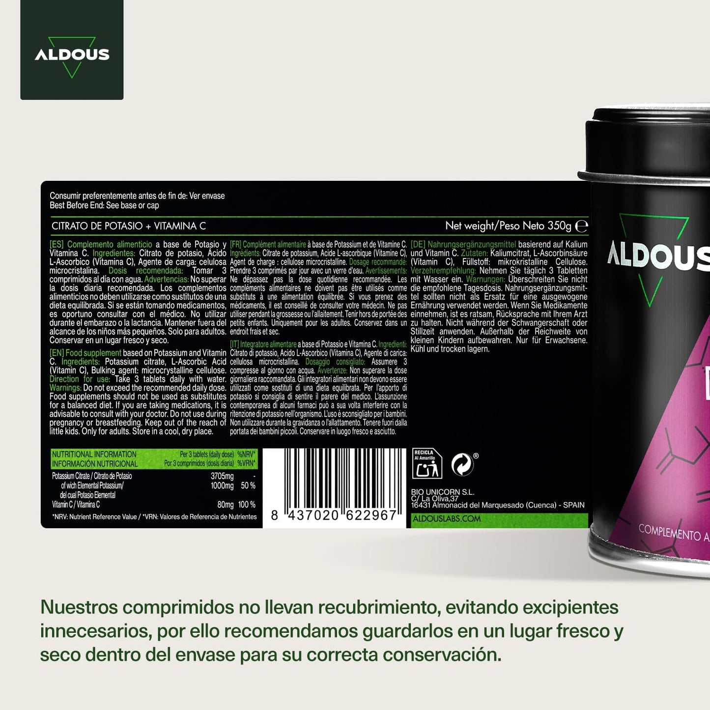 Citrato de Potasio 3705 mg - 250 comprimidos Sin Recubrimiento - Potasio Puro 1000 mg + Vitamina C 80mg - Suplemento Deportivo - Músculos, Tensión Arterial, Sistema Nervioso - Libre de Plásticos