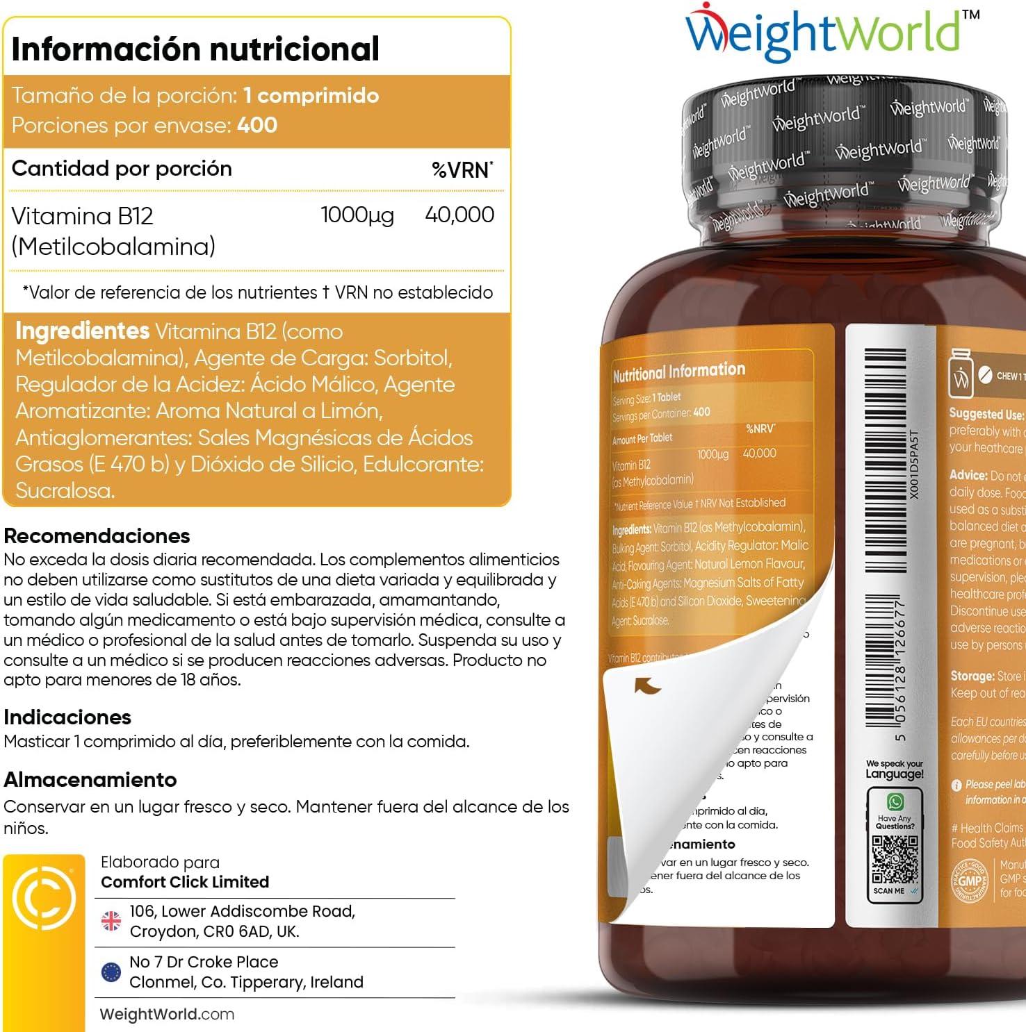 Vitamina B12 mastigável para metabolismo, 1000mcg em frasco de 400 comprimidos veganos com sabor a limão natural
