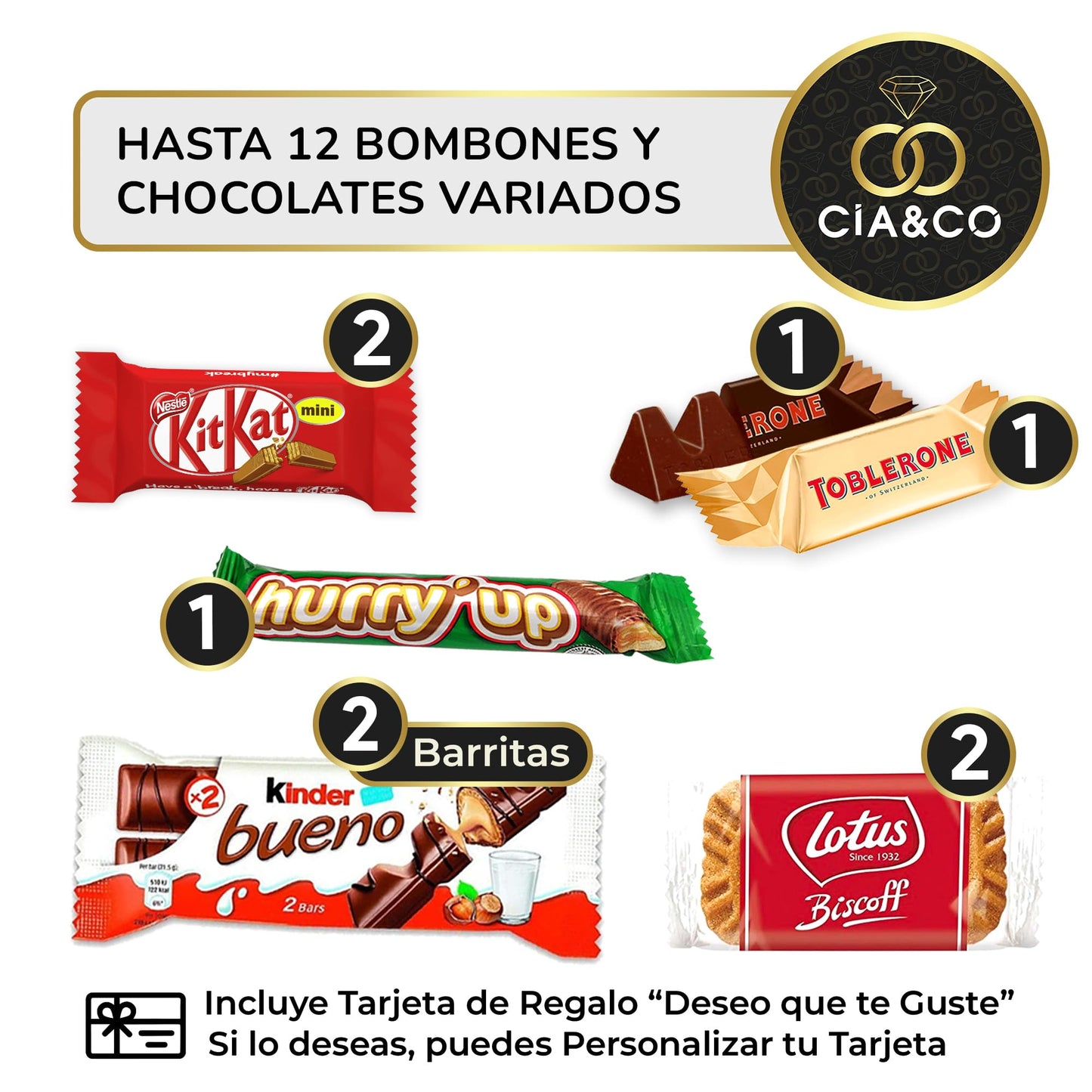 Caixa de presente original com 17 chocolates Kinder Bueno, cartões Kinder, Twix, Mars, Kit Kat, Huesitos, biscoito Lotus Biscoff e muito mais