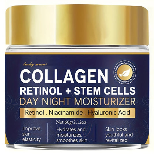 Creme de colágeno e retinol LUCKY MUSN em embalagem de 60g, promete hidratar e revitalizar a pele durante a noite.