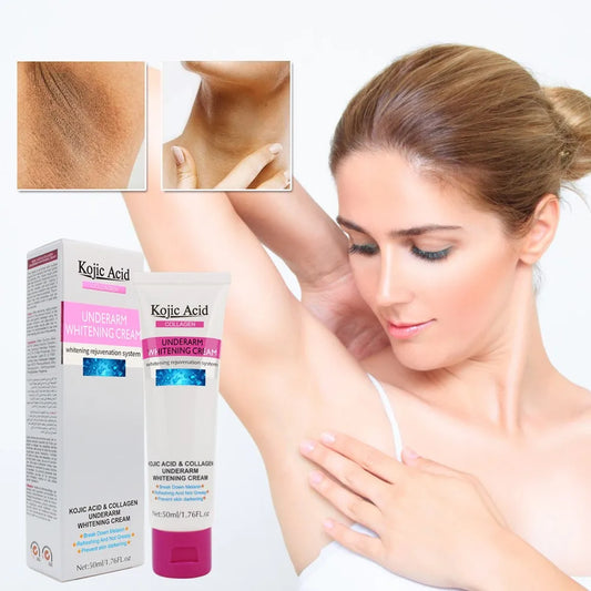 Creme de ácido kojico para axilas com embalagem e modelo aplicando no braço para axilas radiantes na loja Terra de Estrelas