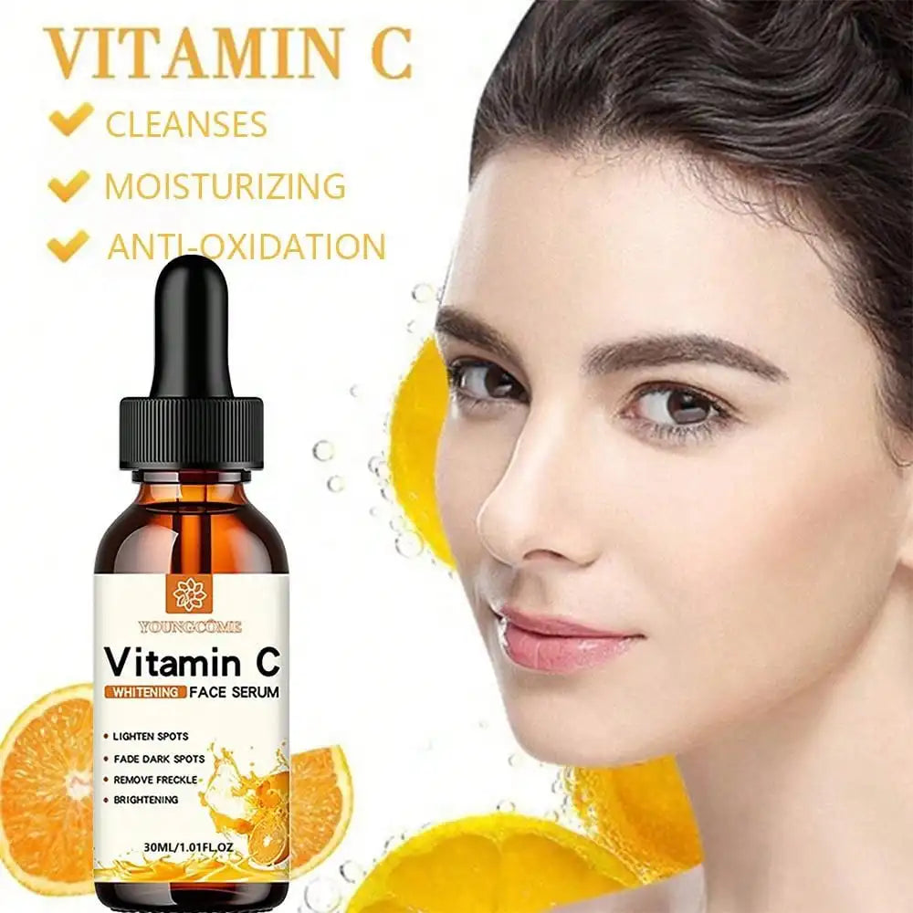 Sérum facial clareador e hidratante vitamina C de 30ml, enriquecido com ácido hialurônico, ideal para combater manchas na pele