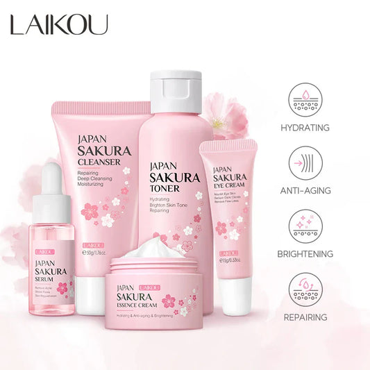 Conjunto de beleza japonês LAIKOU com cinco produtos rosa, incluindo sérum, creme e tônico para hidratação e revitalização da pele.