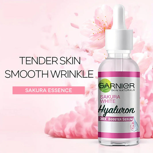 Sérum facial Garnier com extrato de sakura em frasco de 30ml, promoção da elasticidade e hidratação da pele.