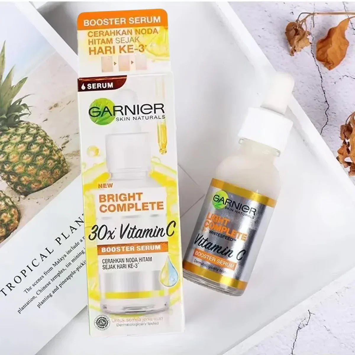 Sérum clareador de pele Garnier 30ml com vitamina C e niacinamida, ideal para uniformizar o tom da pele e reduzir manchas de acne.