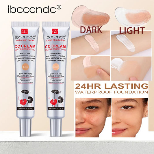Creme CC para proteção da pele, dois tons em tubo, aplicados na pele mostrando a cobertura e efeito hidratante da maquiagem Erborian