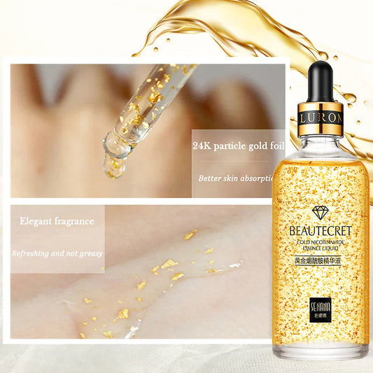 Kit de cuidados com a pele ouro 24K com sérum de niacinamida e creme para olhos, promovendo rejuvenescimento e remoção de olheiras.