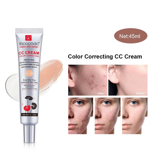 Creme CC Centella Asiatica para correção de pele, antes e depois, com efeito de luz e hidratação duradoura.