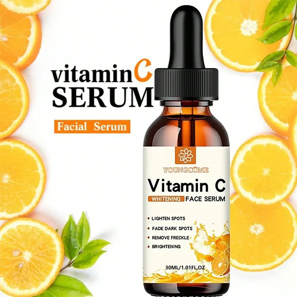 Sérum facial clareador e hidratante vitamina C em frasco de 30ml, rodeado por laranjas frescas para cuidados com a pele.