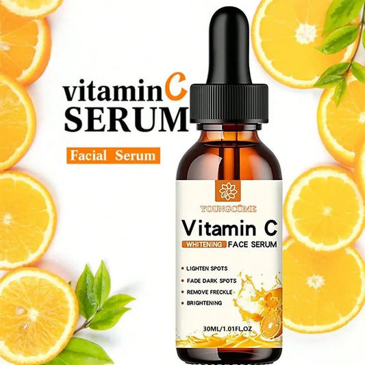 Sérum facial clareador e hidratante vitamina C em frasco de 30ml, rodeado por laranjas frescas para cuidados com a pele.