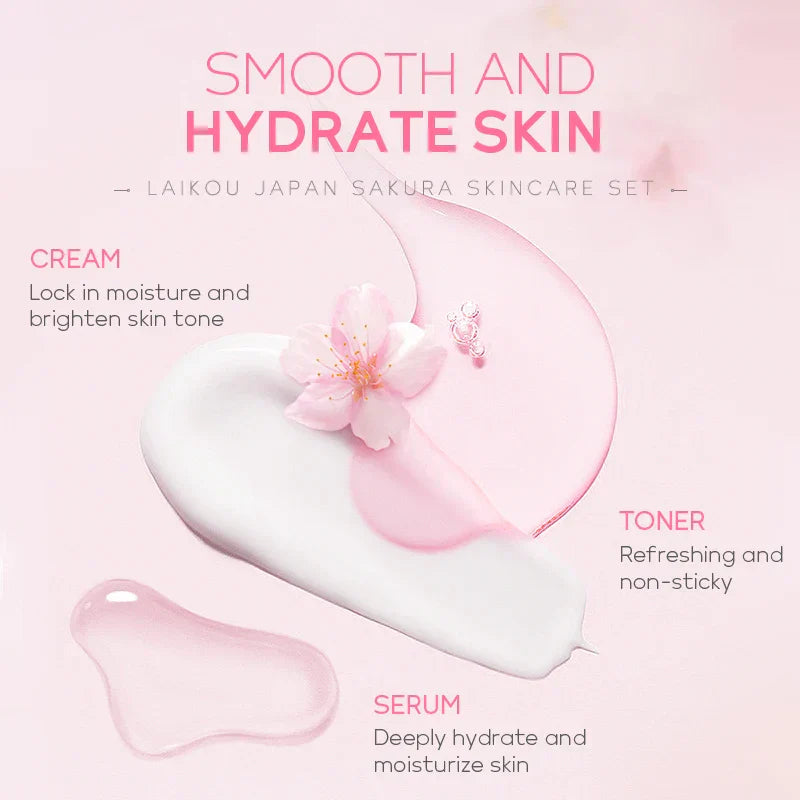 Set de beleza japonês LAIKOU com creme, tônico e sérum, promovendo pele hidratada e radiante com flor de sakura