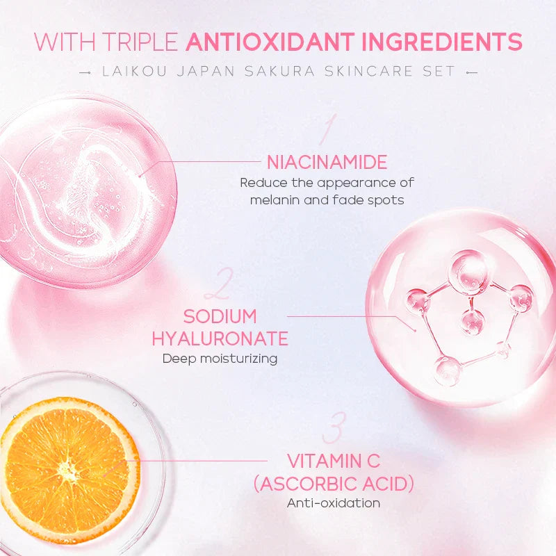Set de beleza japones LAIKOU com ingredientes antioxidantes, incluindo niacinamida, ácido hialurônico e vitamina C para rejuvenescimento da pele