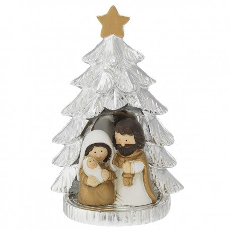 Árbol de Navidad plateado de 12,5 cm con mini belén de 5 cm