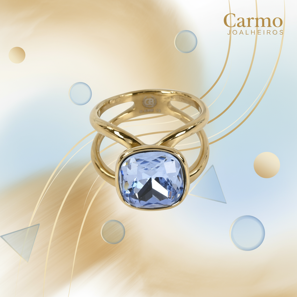 Banner Anel de Aço com Pedra Azul Banho Dourado