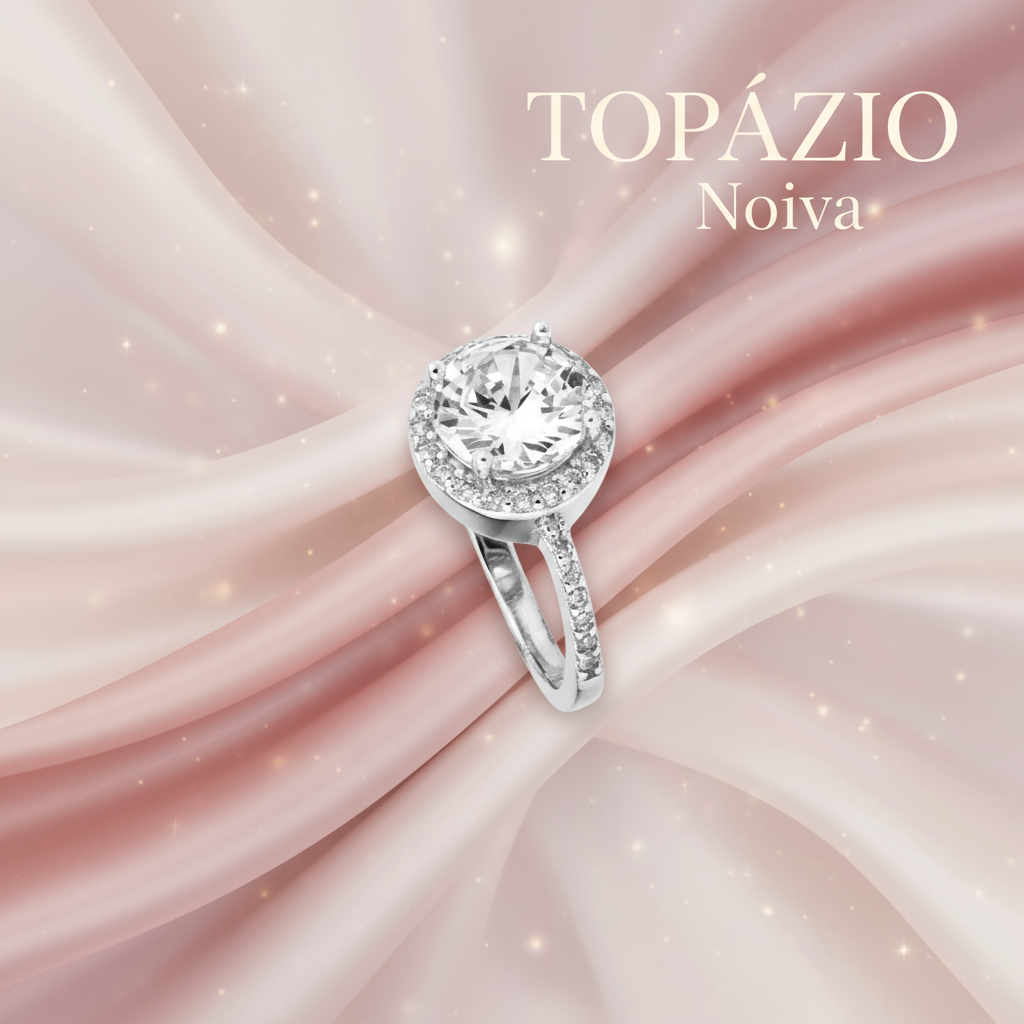 Banner Anel solitário feminino prata 925 zircónia - Noiva - Topázio