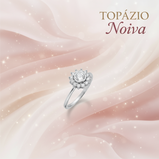 Banner anel solitário feminino prata com halo - Noiva - Topázio