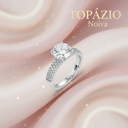Banner anel solitário feminino prata cravejado - Noiva - Topázio