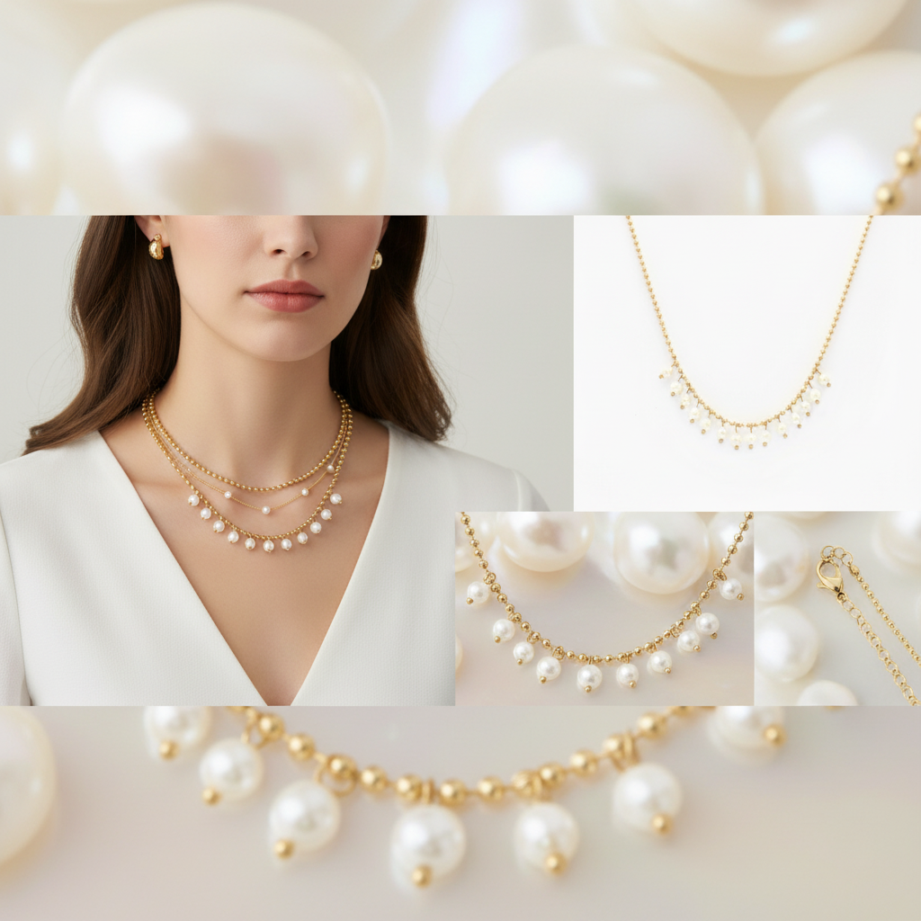 Banner Colar em aço com pendentes pérolas