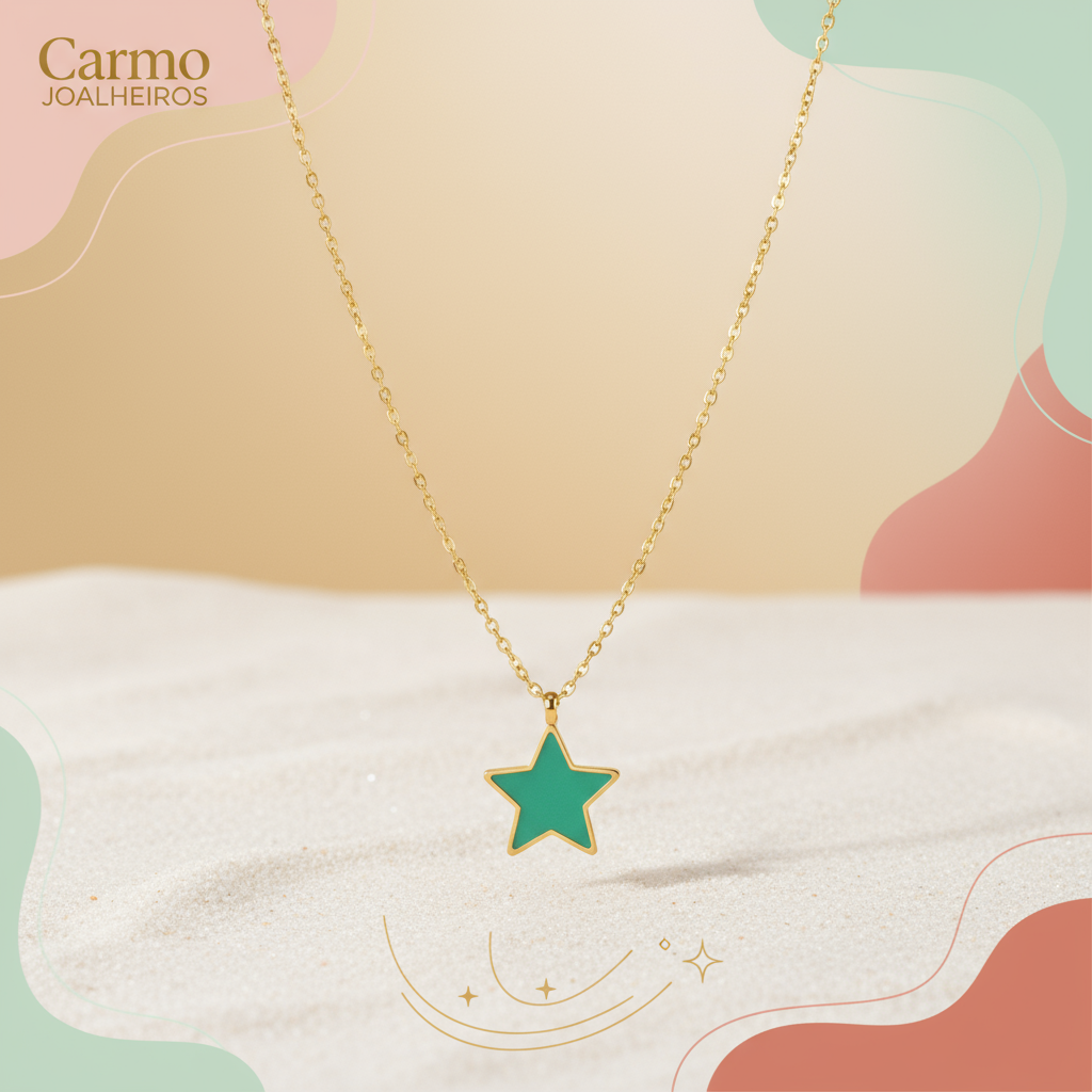 Banner Colar Estrela Verde Aço Inoxidável Dourado