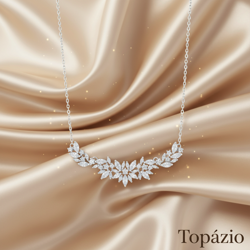 Banner Colar Zircônia Floral Topázio - Cetim