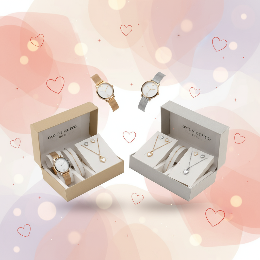 Banner Conjunto de jóias em aço - Gosto Muito de Ti - Coração Madrepérola