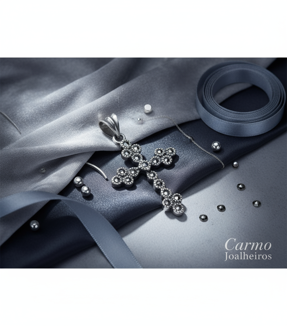 Banner Pendente Cruz com Marcassites em prata - Carmo Joalheiros