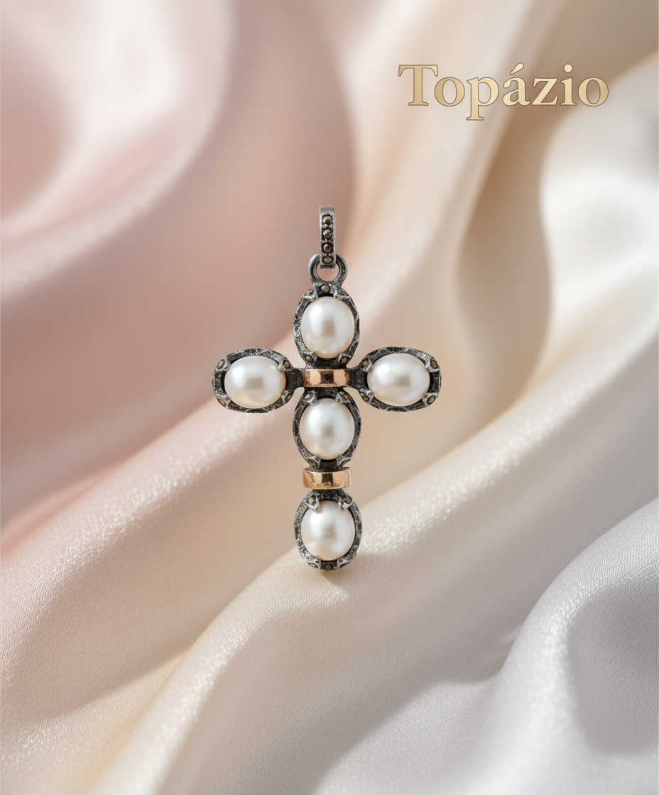 Banner Pendente Cruz Marcassites e Pérolas