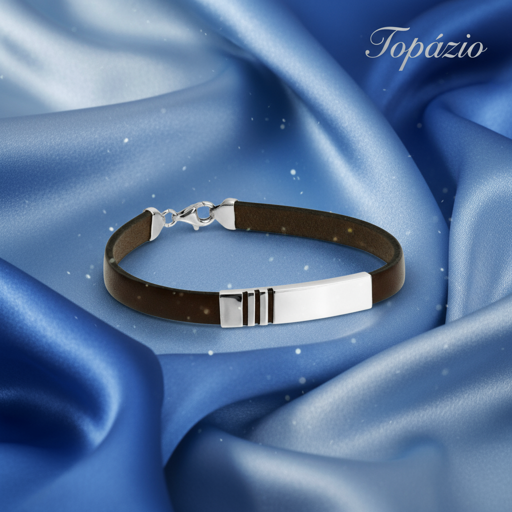 Banner Pulseira Masculina Prata Couro Marrom Topázio