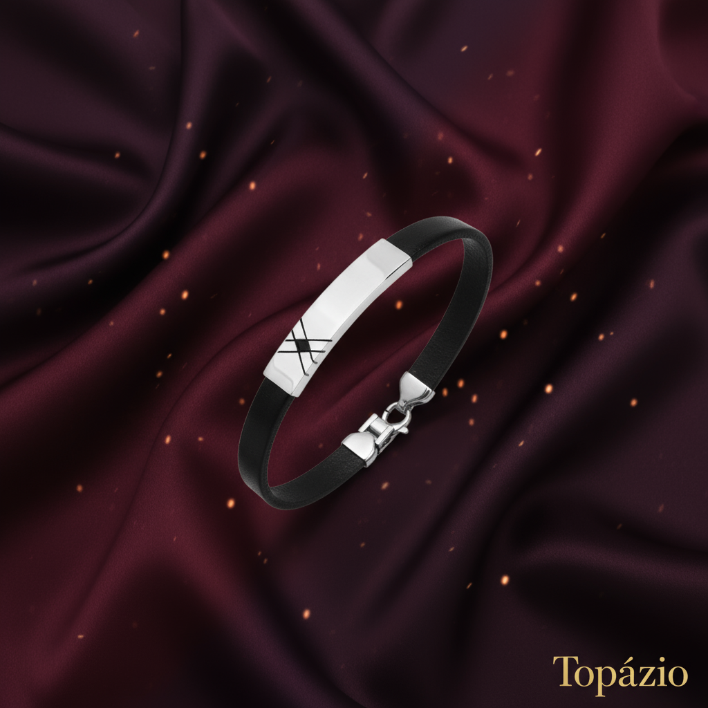 Banner Pulseira Masculina Prata Couro Topázio - Burgundy