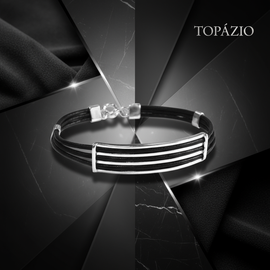 Banner Topázio 1874 Pulseira Masculina Prata com Couro
