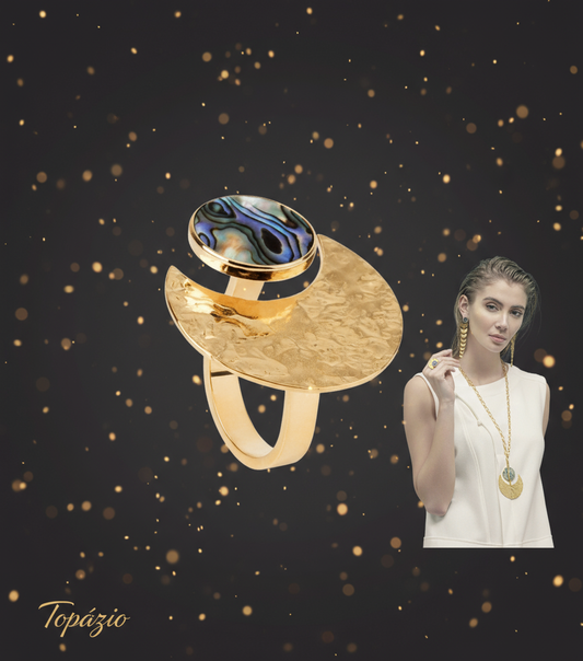 Banner Topázio - Anel Amun-Ra Dourado com Abalone