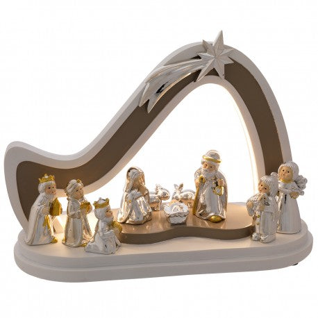 Belén Bicolor Cabaña 12x27x21cm Laminado Plata con LED