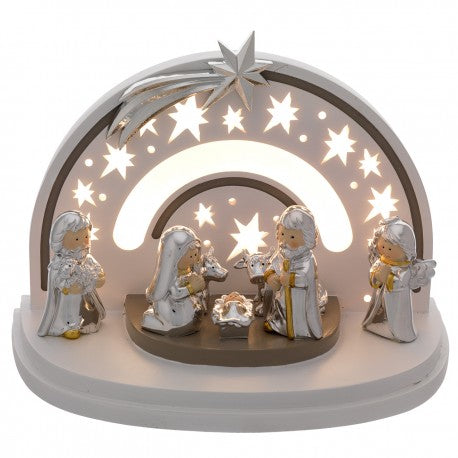 Cabaña de Belén Grande 14x24x16cm Laminado Plata con LED