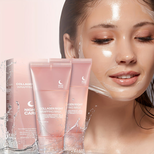 Máscara noturna de colágeno hidratante em embalagem rosa, aplicada em pele radiante, ideal para hidratação e firmeza.